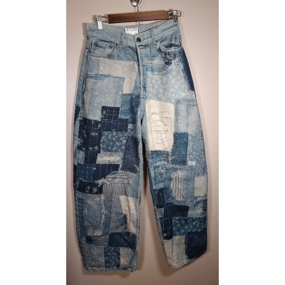 We The Free Free People Patchwork Barrel Jeans Blue Sashiko Stitch OB2132996 26
